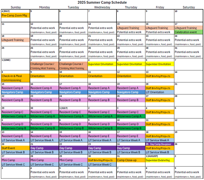 2025 Summer Camp Schedule