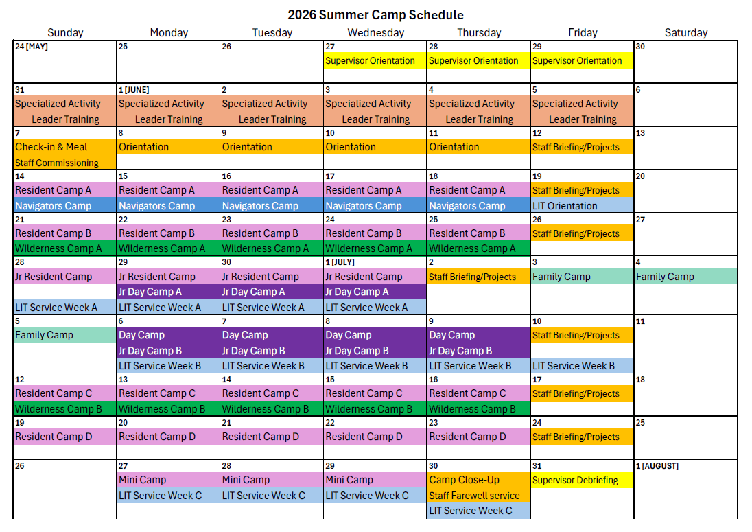 2026 Summer Camp Schedule